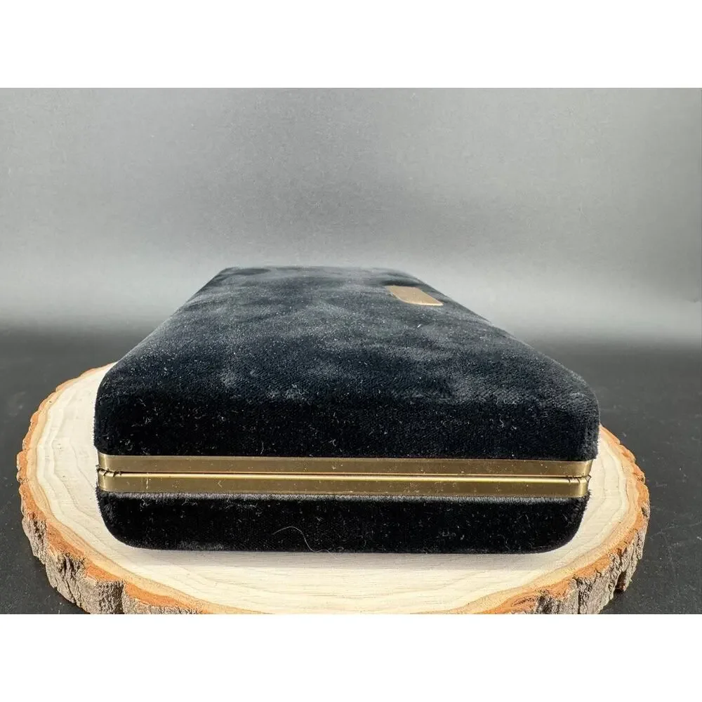 Vintage Black Velvet Jewelry Box w/ Pouches Gold Trim Travel Organizer